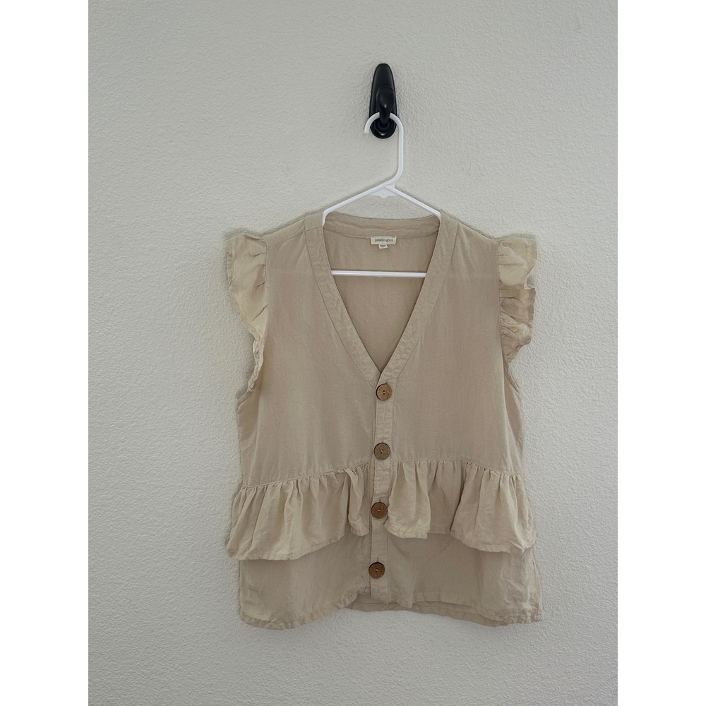 Jennifer Grace Linen Blend Peasant Ruffle Button Up Tank Top Blouse Beige Boho L